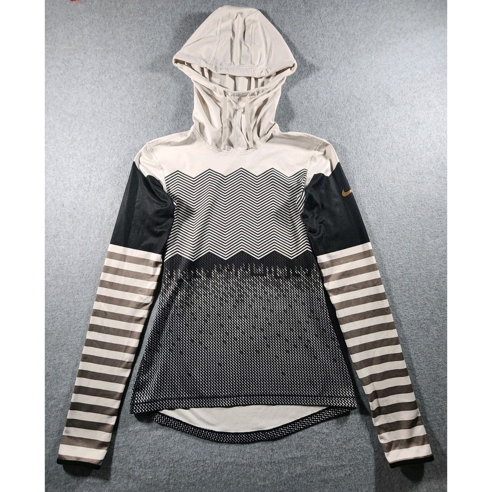 Nike Pro Women's Athletic Shirt, Size Small, Black Stripe, Hooded, Thumb Holes‎